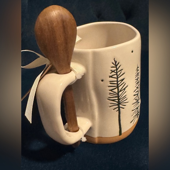 Rae Dunn “cozy” mug, wooden spoon, matte beige bottom w black deer trees & snow - Picture 3 of 7